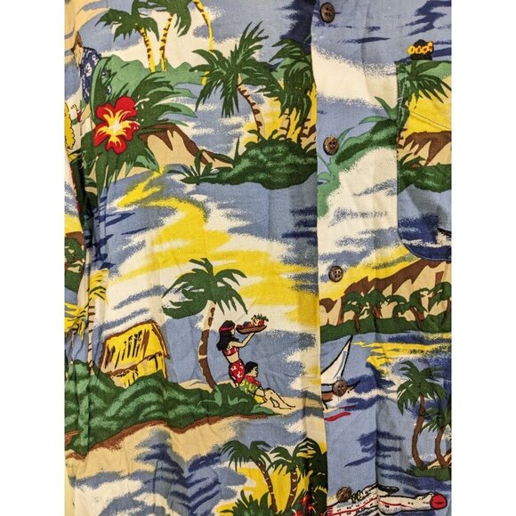 Vintage 90s Utility Hawaiian Shirt Mens Medium Beach Palm Tree Tropical Floral - Picture 3 of 6